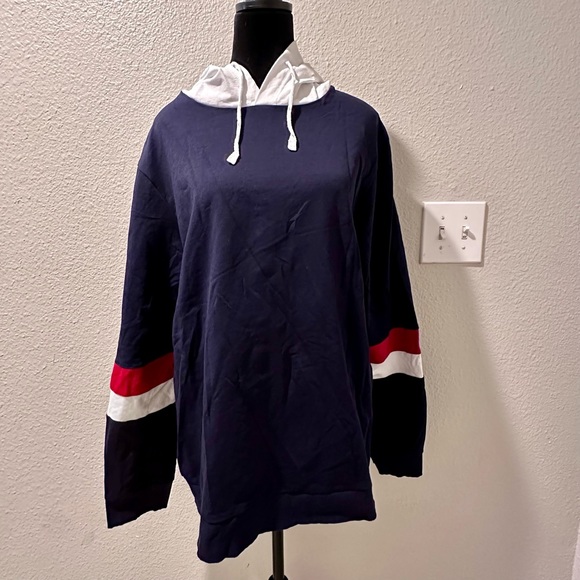 NWOT Navy Blue Long Sleeve Hoodie with Red/White Stripes on the Arms - Picture 1 of 4